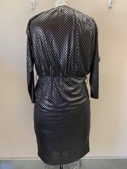 Womens, Evening Gown, TAURUS NITES, Black, Silver, Polyester, Dots, H42, W36, L/S, V Neck, Elastic Waist Band, Pleated