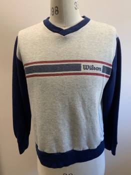 WILSON'S, Heather Gray, Navy Blue, Red Burgundy, Acrylic, Cotton, Color Blocking, Stripes, V-N, Pull On,