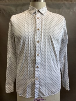 TED BAKER, White, Gray, Navy Blue, Cotton, Polyester, Medallion Pattern, Dots, L/S, Button Front, Collar Attached,