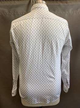 TED BAKER, White, Gray, Navy Blue, Cotton, Polyester, Medallion Pattern, Dots, L/S, Button Front, Collar Attached,