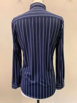 ZARA, Navy Blue, White, Polyester, Elastane, Stripes - Vertical , L/S, Button Front, Collar Attached,
