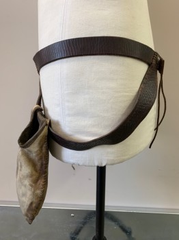 Unisex, Historical Fiction Belt, MTO, Dk Brown, Ivory White, Leather, Ties CB, Attached Aged/Distressed Bag,