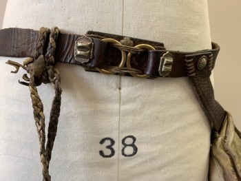 Unisex, Historical Fiction Belt, MTO, Dk Brown, Ivory White, Leather, Ties CB, Attached Aged/Distressed Bag,