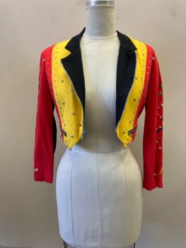 Womens, Jacket, N/L, B:38, Red/Yellow/Black Color Block Cotton with Silver Studs And Geometric Embroidery On Long Sleeves, Zip Front, Notched Lapel, 2 Faux Zip Pckt, Pointed Hem, Cropped, Elastic Side Waist