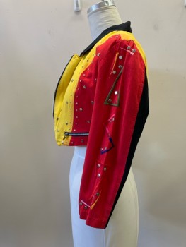 Womens, Jacket, N/L, B:38, Red/Yellow/Black Color Block Cotton with Silver Studs And Geometric Embroidery On Long Sleeves, Zip Front, Notched Lapel, 2 Faux Zip Pckt, Pointed Hem, Cropped, Elastic Side Waist