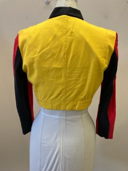 N/L, Red/Yellow/Black Color Block Cotton with Silver Studs And Geometric Embroidery On Long Sleeves, Zip Front, Notched Lapel, 2 Faux Zip Pckt, Pointed Hem, Cropped, Elastic Side Waist
