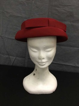 Womens, Hat, IMAGNIN, Dk Red, Silk, Straw, Solid, Pill Box, Dark Red Silk Covered Straw Pillbox with Curved Down Brim and Self Bow Detail.