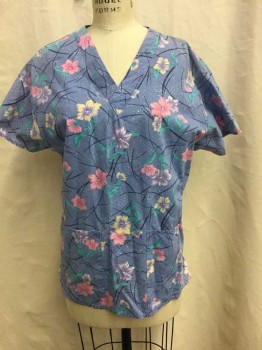 C.H.C CLASSIX, Periwinkle Blue, Pink, Teal Green, Lt Yellow, Navy Blue, Polyester, Cotton, Floral, Short Sleeve,  V-neck, 2 Patch Pockets At Hips