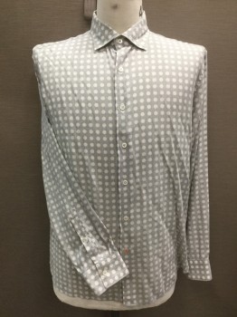 CURATED, Heather Gray, Off White, Cotton, Rayon, Herringbone, Geometric, Heather/herringbone Gray with Off White Circles Print, Collar Attached, Button Front, Long Sleeves,2 Vertical Red Seams Back