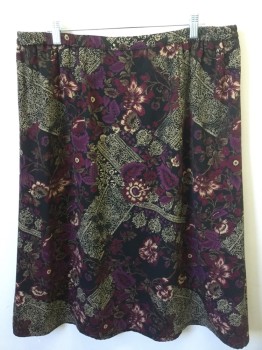 Womens, Skirt, Below Knee, LAURA SCOTT, Black, Dk Red, Tan Brown, Orchid Purple, Brown, Polyester, Floral, 16W, Black with Large Orchid-pink, Dark Red, Tan, Brown Floral Print, 1" Waist Band with Elastic Waist Band Back,
