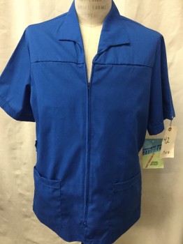 Unisex, Smock/Wrap, META, Royal Blue, Polyester, Cotton, Solid, 42, Short Sleeves, Zip Front, Collar Attached, 4 Pockets, Self Belt Tab Back