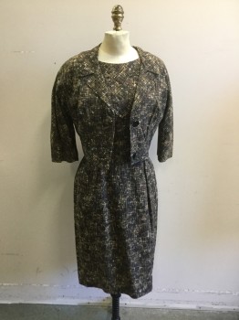 Womens, 1960s Vintage, Dress, MARY EWELL, White, Brown, Black, Synthetic, Cotton, Novelty Pattern, W26, B36, Novelty Busy Print. Jewel Neck with Novelty Tab and Trim. Short Sleeves, Dress Fitted at Waist, Zipper Center Back, Fitted Skirt