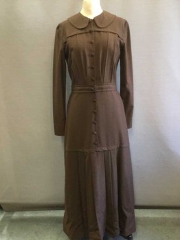 M.T.O., Brown, Wool, Cotton, Solid, Long Sleeve Dress, Peter Pan Collar Attached, Faux Button Front, Hook & Eye Front, Yoke, Panelled From Yoke To Waist, Floor Length Hem, Above Knee To Floor Pleated