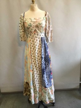 Womens, Dress, Long & 3/4 Sleeve, BEE MINE, Cream, Multi-color, Cotton, Patchwork, W 26, B 32, Long Patchwork Dress, Hem Maxi, Wide Square Neck, Cream Triangle Lace At Neck, Attached Self Tie Back, Zip Back, Ruffle Panel Hem, Lace Hems Open Panels On Shoulder Straps