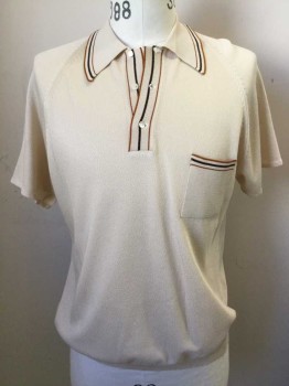 Mens, Polo Shirt, N/L, Taupe, Dk Brown, Caramel Brown, Synthetic, Solid, C 42, L, Sweater-like, Raglan Short Sleeves, Ribbed Knit Collar/placket with Dk Brown/Caramel Stripes, 1 Pocket with Stripes, Ribbed Knit Waistband