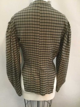 N/L, Olive Green, Tan Brown, Black, Cotton, Polyester, Stripes - Horizontal , Check , Long Sleeve Button Front, Stand Collar, Pleated Detail At Center Front Button Placket, Puffy Sleeves with Gathered Shoulders, Pleated Vent Detail At Center Back Hem, Made To Order,