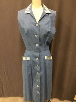 LOIS YOUNG, Cornflower Blue, White, Cotton, Solid, Sleeveless, Button Front, 2 Pockets, Collar Attached,  3 Rows Of Top Stitched Rat Tail On Collar And Pockets