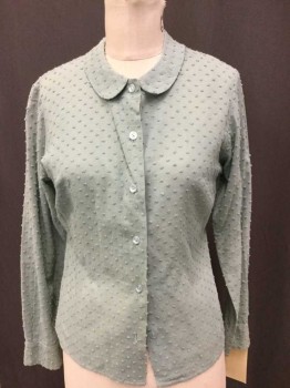 N/L, Aqua Blue, Cotton, Aqua Green Dotted Swiss, Collar Attached,  Button Front, Long Sleeves,