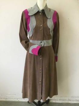 Womens, Coat, BILL HARGATE, Brown, Gray, Fuchsia Pink, Suede, Color Blocking, 4/6, Made to Order, Full Length, Snap Close, Lined, Nice Clean Condition,