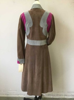 Womens, Coat, BILL HARGATE, Brown, Gray, Fuchsia Pink, Suede, Color Blocking, 4/6, Made to Order, Full Length, Snap Close, Lined, Nice Clean Condition,