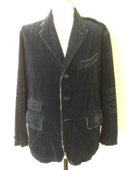 Mens, Sportcoat/Blazer, RALPH LAUREN, Navy Blue, Cotton, Stripes - Vertical , CL, Single Breasted, 3 Buttons, Notched Lapel, 3 Pockets, Wide Wale Corduroy, Bleached Whiskers at Elbows, Aged/Distressed,