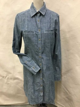 Womens, Dress, Long & 3/4 Sleeve, BROOKS BROTHERS, Blue, Gray, Cotton, Heathered, 4, Light Heather Blue/gray Chambray W/white Top-stitches, Collar Attached, 2 Slit Pockets, Button Front, Curvy Side Hem, Long Sleeves,