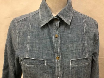 Womens, Dress, Long & 3/4 Sleeve, BROOKS BROTHERS, Blue, Gray, Cotton, Heathered, 4, Light Heather Blue/gray Chambray W/white Top-stitches, Collar Attached, 2 Slit Pockets, Button Front, Curvy Side Hem, Long Sleeves,
