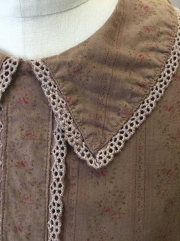 N/L, Brown, Pink, Dk Brown, Cotton, Calico , Floral, Dotted Stripes, Long Sleeves, Buttons in Back, Round Collar Attached with Brown Lace Trim, Vertical Pleat Down Center Front with Brown Lace Trim, 1.5" Wide Self Waistband, Gathered at Waist, Floor Length Hem, Made To Order Reproduction **Very Sun Damaged with Fading at Shoulders, Near Hem, Etc,