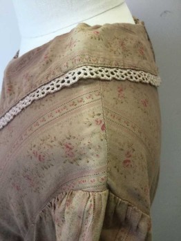 N/L, Brown, Pink, Dk Brown, Cotton, Calico , Floral, Dotted Stripes, Long Sleeves, Buttons in Back, Round Collar Attached with Brown Lace Trim, Vertical Pleat Down Center Front with Brown Lace Trim, 1.5" Wide Self Waistband, Gathered at Waist, Floor Length Hem, Made To Order Reproduction **Very Sun Damaged with Fading at Shoulders, Near Hem, Etc,