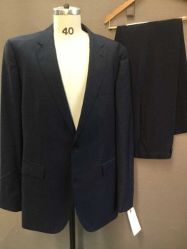 Mens, Suit, Jacket, REDA, Navy Blue, Blue, Wool, Check , 46L, Notched Lapel, Single Breasted, 2 Buttons,  3 Pockets, Pick Stitch Detail