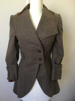 N/L, Brown, Dk Brown, Wool, Check , Shoulders, 3 Brown Velvet Covered Button Closures at Center Front, and Trim on Faux Pockets at Sides, Frock Coat Inspired Style with Seam at Waist, Curved Opening at Front, Flared to Hip Length Hem, 3 Decorative Velvet Covered Buttons on Each Side in Back, Made To Order