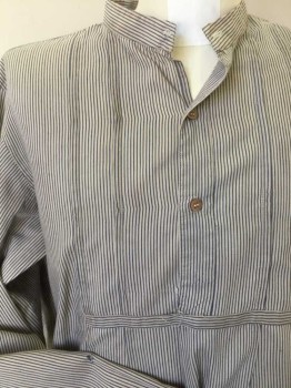N/L, Lt Gray, Navy Blue, Poly/Cotton, Stripes, Working Class. 3 Button Placet with One Button Missing at Collar Band, Pleated Detail at Bib Front. Long Sleeves with Cuffs. Aged Repairable Hole at Base of Placket  - Needs Restitching.small Hole on Right Sleeve,