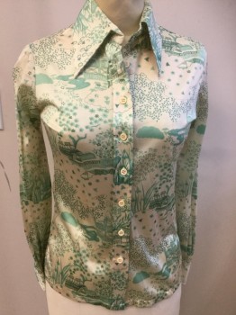 Womens, Shirt, HUK A POO, Cream, Mint Green, Nylon, Novelty Pattern, B34, Long Sleeves, Button Front, Collar Attached, Knit, Print is Some Type of Building with Flowers and Plants Growing Around