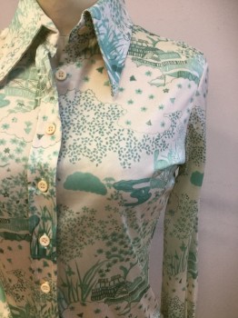 HUK A POO, Cream, Mint Green, Nylon, Novelty Pattern, Long Sleeves, Button Front, Collar Attached, Knit, Print is Some Type of Building with Flowers and Plants Growing Around