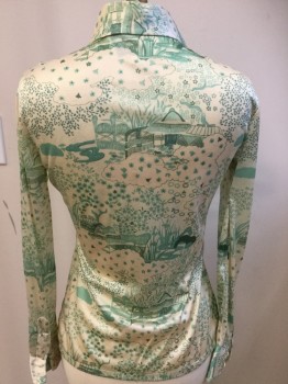 HUK A POO, Cream, Mint Green, Nylon, Novelty Pattern, Long Sleeves, Button Front, Collar Attached, Knit, Print is Some Type of Building with Flowers and Plants Growing Around