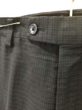 JOHN VARVATOS, Charcoal Gray, Black, Wool, Elastane, Grid , Charcoal with Black Grid/Check Pattern, Flat Front, Button Tab Waist, 4 Pockets, Straight Leg