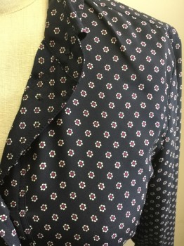 Womens, Dress, Long & 3/4 Sleeve, BANANA REPUBLIC, Navy Blue, Red Burgundy, White, Polyester, Elastane, Floral, 0, Collar Attached, Pullover, 9 Buttons, Side Zipper, Pleated Skirt