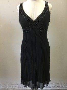 JONES NEW YORK, Black, Silk, Beaded, Solid, Silk Crepe Sleeveless Bodice, with Chemically Pressed Pleated Chiffon Skirt, Beaded Detail at Low V-neck That Crosses Into X Shaped Formation Under Empire Waist, Hem Below Knee
