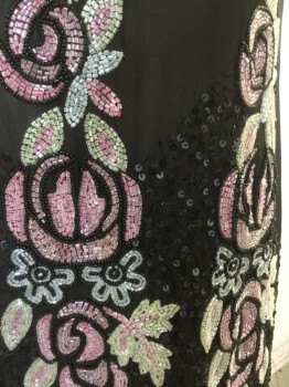 ICONIC, Black, Floral, Chiffon with Black Beading and Lt Blue/Mint/Pink Floral Beading, Black Beaded Tassels Fringe, Sleeveless, V-neck, 1920's Style, Flapper, Jagged Hem, ****Some Fringe Missing and Tattered Especially in Back** See Detail Photo,