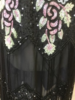 ICONIC, Black, Floral, Chiffon with Black Beading and Lt Blue/Mint/Pink Floral Beading, Black Beaded Tassels Fringe, Sleeveless, V-neck, 1920's Style, Flapper, Jagged Hem, ****Some Fringe Missing and Tattered Especially in Back** See Detail Photo,