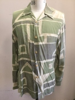 NOGARET PARIS, Sage Green, Beige, Dk Gray, Rayon, Abstract , Large Rectangles/Triangles Etc, Dark Gray Swirled Busy Detail, Long Sleeve Button Front, Collar Attached,