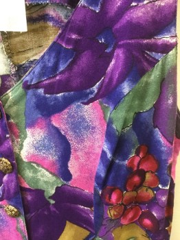 Womens, Romper, ALL THAT JAZZ, Purple, Navy Blue, Tobacco Brown, Red, Magenta Purple, Rayon, Abstract , 5/6, Gold Button Front, Abstract Fruit and Floral Print, V.neck, Sleevelerss, Wide Leg Shorts, Late 80's Early 90's