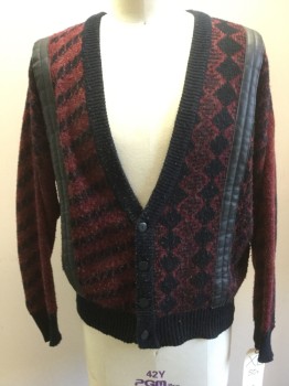 CITY STREETS, Wine Red, Black, Midnight Blue, Wool, Faux Leather, Geometric, Stripes - Vertical , Cardigan, Deep V-neck, Button Front, Diamond Stripes, Pleather Stripe Applique Front
