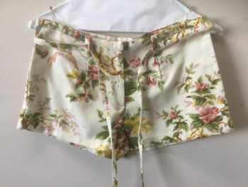 Womens, Shorts, COREY LYNN CALTER, Cream, Pink, Avocado Green, Yellow, Cranberry Red, Cotton, Floral, Sz.6, Cream with Muted Floral Pattern, Canvas, Mid Rise, Zip Fly, 2" Inseam, **With Matching Belt - 1/2" Wide Self Fabric Tie