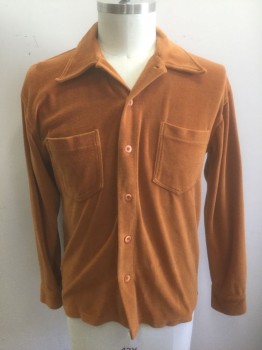 URBAN INSTINCT, Orange, Cotton, Polyester, Solid, Velour, Long Sleeve Button Front, 1970's Style Collar Attached, 2 Patch Pockets, Retro 1990's Does 70's