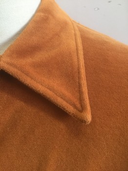 URBAN INSTINCT, Orange, Cotton, Polyester, Solid, Velour, Long Sleeve Button Front, 1970's Style Collar Attached, 2 Patch Pockets, Retro 1990's Does 70's