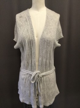 BARNEYS, Heather Gray, Cashmere, Solid, Light Heathered Grey with Eyelet Knit Pattern, Short Sleeves, Open Front with Tie