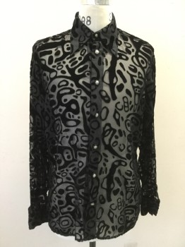 Mens, Club Shirt, LIVE COLLECTION, Black, Synthetic, Novelty Pattern, S, Amoeba-like Shape Velvet Burnout, Pointed Collar Attached, Long Sleeves, Silver/Black Button Front
