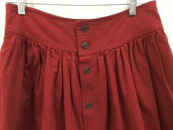 Womens, Skirt, Below Knee, INES DE LA FRESSANCE, Dk Red, Cotton, Polyester, Solid, 8, Gathered Dark Red with 2.5" Chevron Waistband, Button Front, 2 Side Pockets