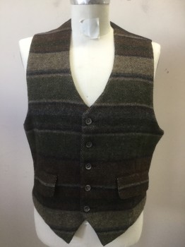 Mens, Vest, EVERGREEN, Brown, Beige, Dk Olive Grn, Navy Blue, Charcoal Gray, Wool, Stripes - Horizontal , M, 5 Buttons, 2 Pocket Flaps, Fuzzy, Solid Back